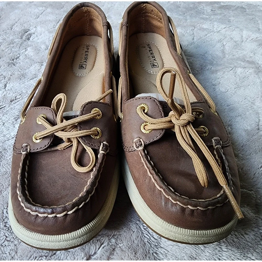 Sperry Angelfish Brown Leather Plaid Boat Shoes Womens 7 STS90332